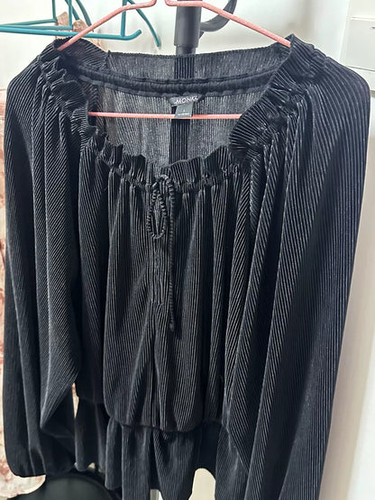 MONKI Black Pleated Drawstring-Neck Top