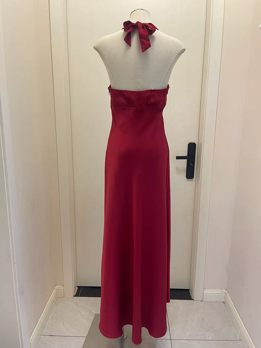 BCBGMAXAZRIA burgundy satin halter gown — back view
