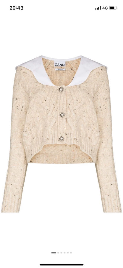 GANNI Contrast-Collar Crystal-Button Cardigan — front view