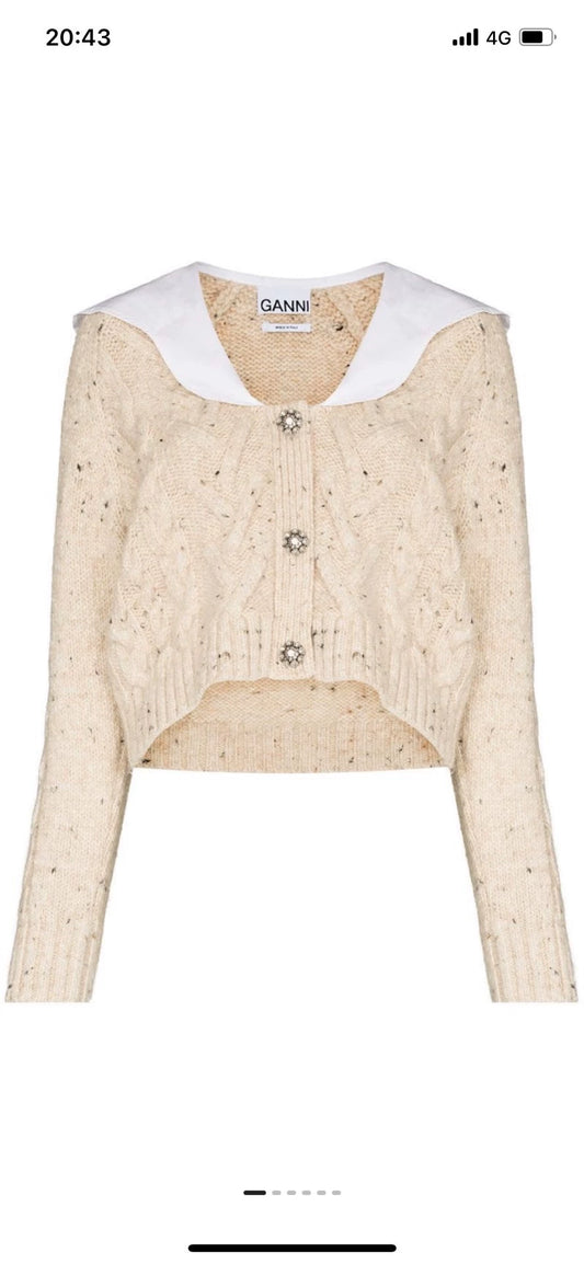 GANNI Contrast-Collar Crystal-Button Cardigan — front view