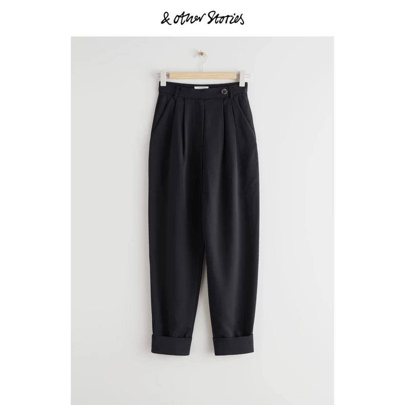 & Other Stories Black Cuffed Cropped Trousers