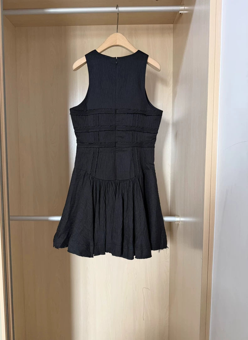 Black tiered linen-blend mini dress — clean full view