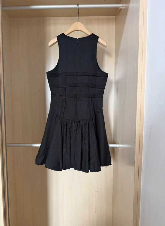 Black tiered linen-blend mini dress — clean full view
