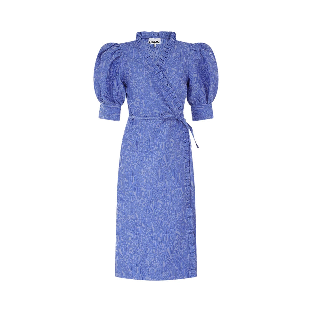 GANNI Blue Jacquard Puff-Sleeve Dress — front view