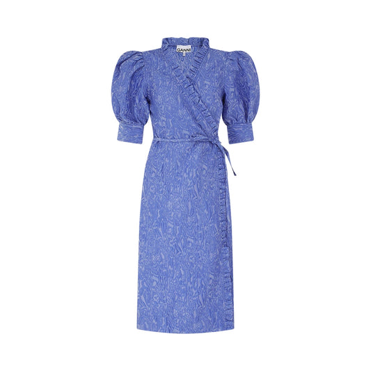 GANNI Blue Jacquard Puff-Sleeve Dress — front view