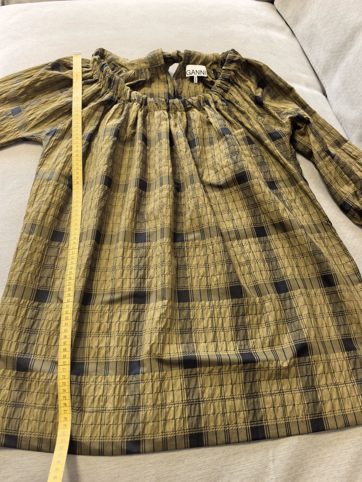 GANNI Ochre Check Seersucker Mini Dress — product detail 6