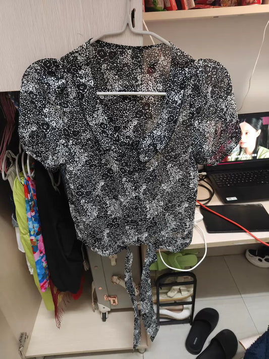 Black & White Floral Tie Top