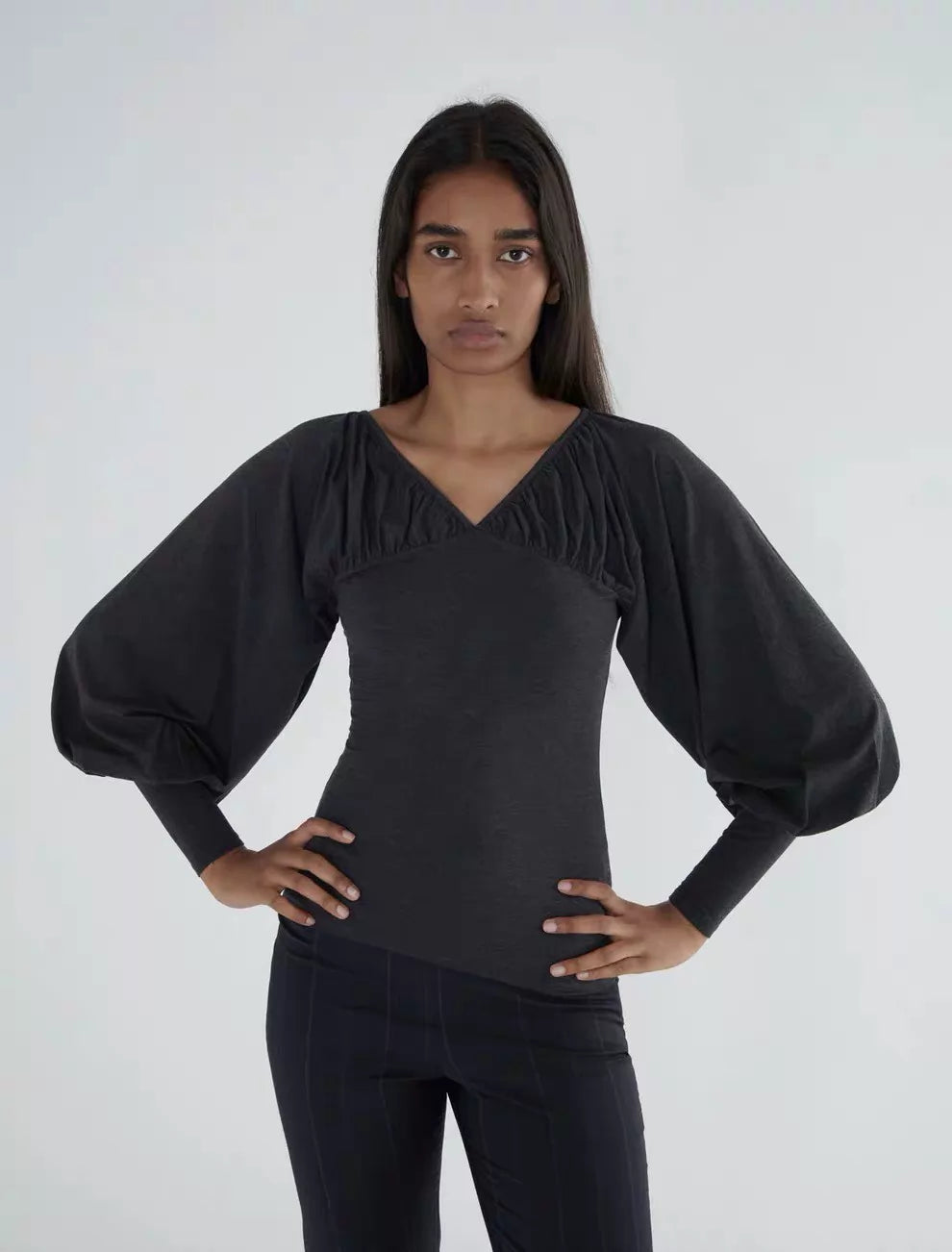 Paloma Wool Black Ruched Balloon-Sleeve Top — front view