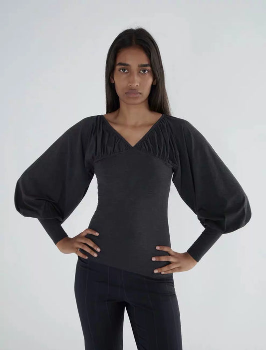 Paloma Wool Black Ruched Balloon-Sleeve Top — front view