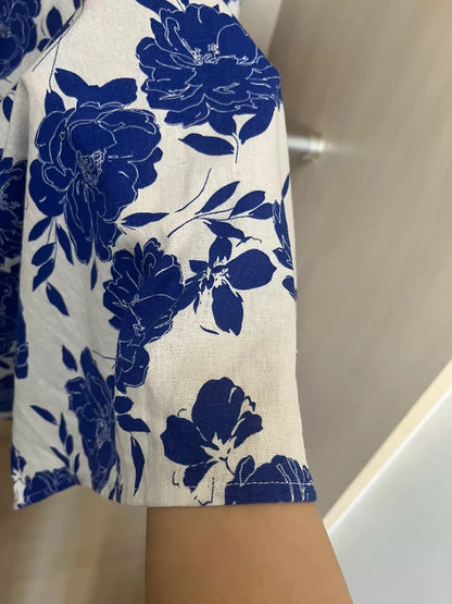 Cobalt botanical cotton midi dress — construction detail