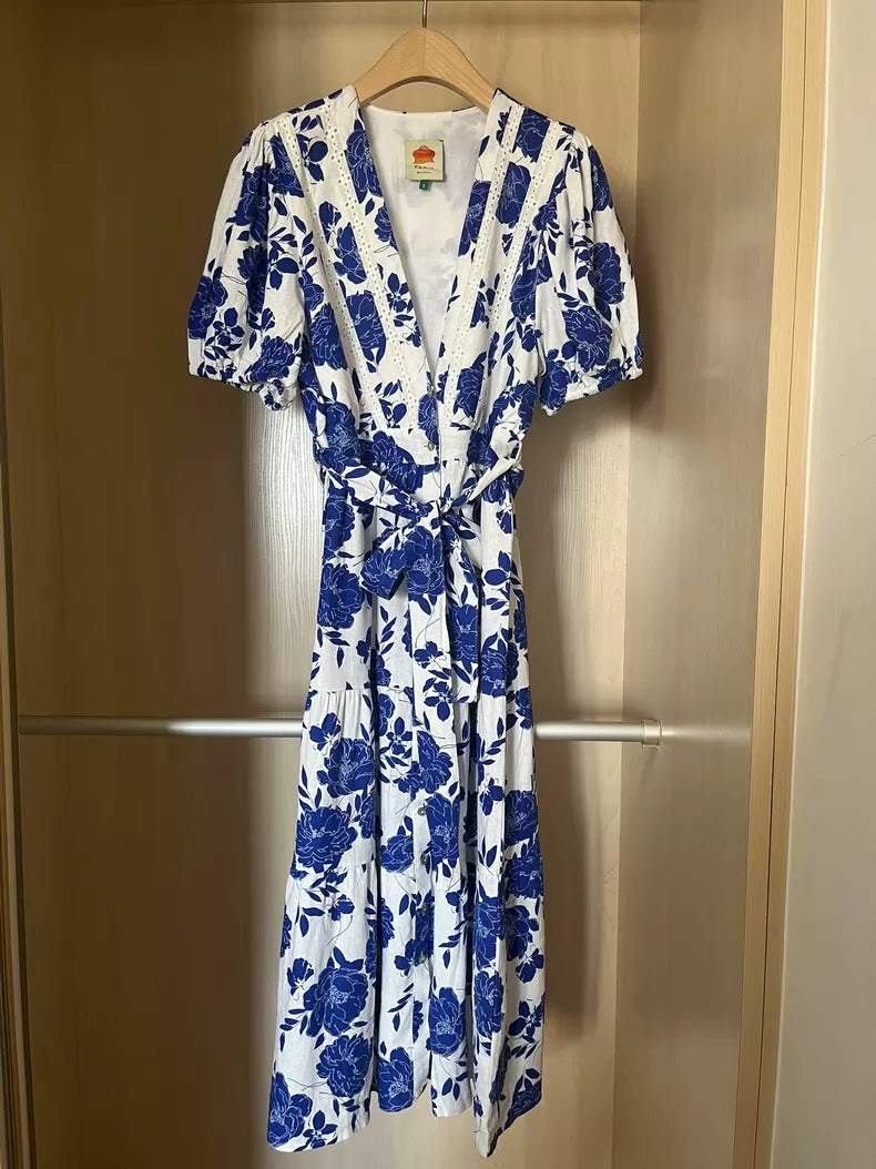 Cobalt botanical cotton midi dress — back view