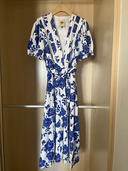Cobalt botanical cotton midi dress — back view