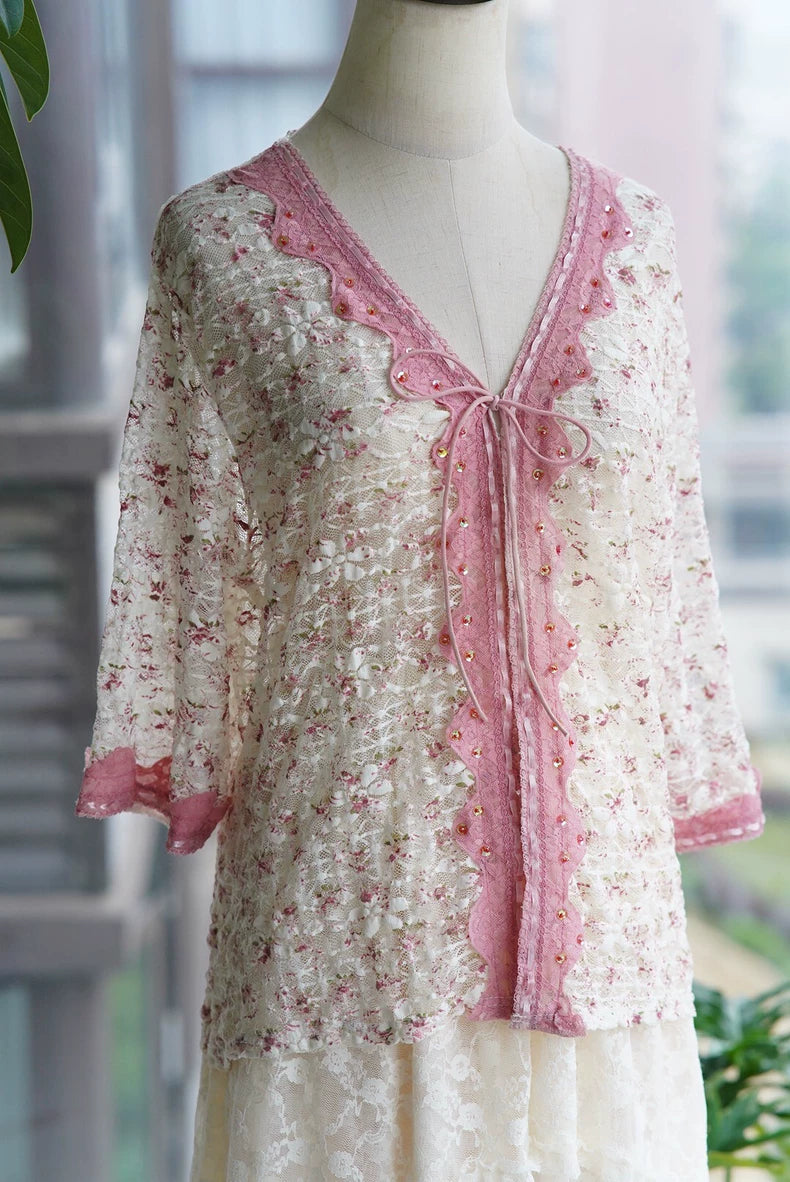 Rose-Lace Tie-Front Cardigan