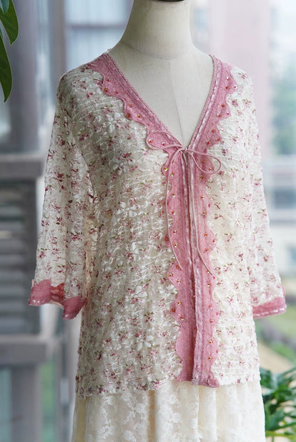 Rose-Lace Tie-Front Cardigan