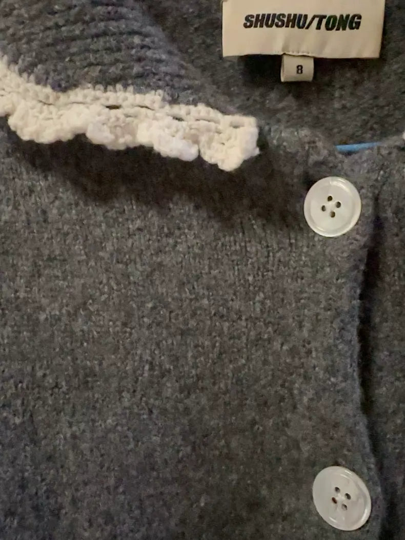 SHUSHU/TONG Lace-Trim Knit Cardigan — Charcoal
