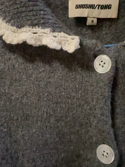 SHUSHU/TONG Lace-Trim Knit Cardigan — Charcoal