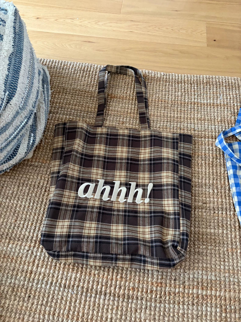 Ahhh Ochre Plaid Embroidered Tote Bag — Large