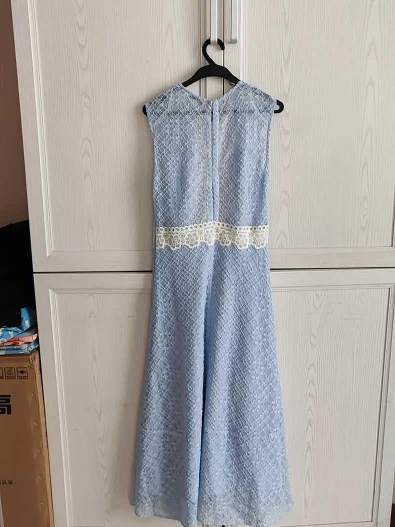 Sandro Two-Tone Lace Midi Dress — Powder Blue