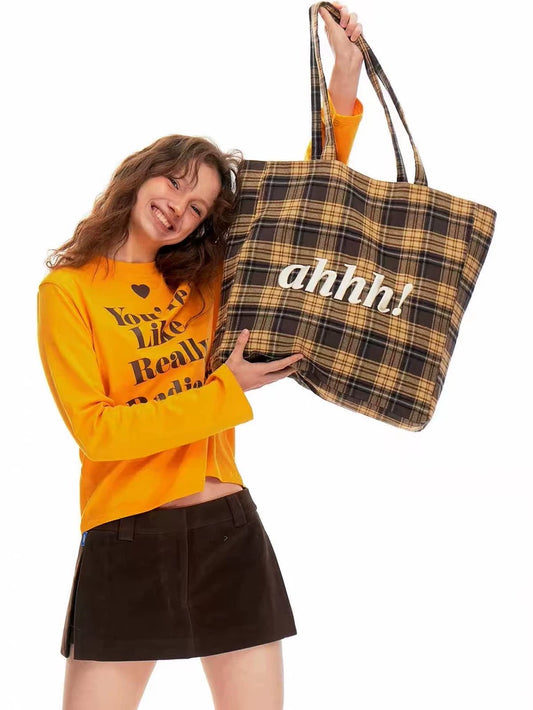 Ahhh Ochre Plaid Embroidered Tote Bag — Large