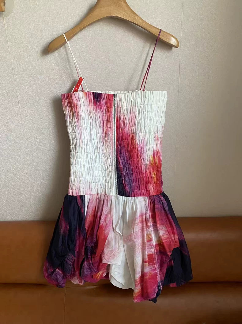 Aje Bronte Watercolor Shirred Mini Dress — Pink Multi