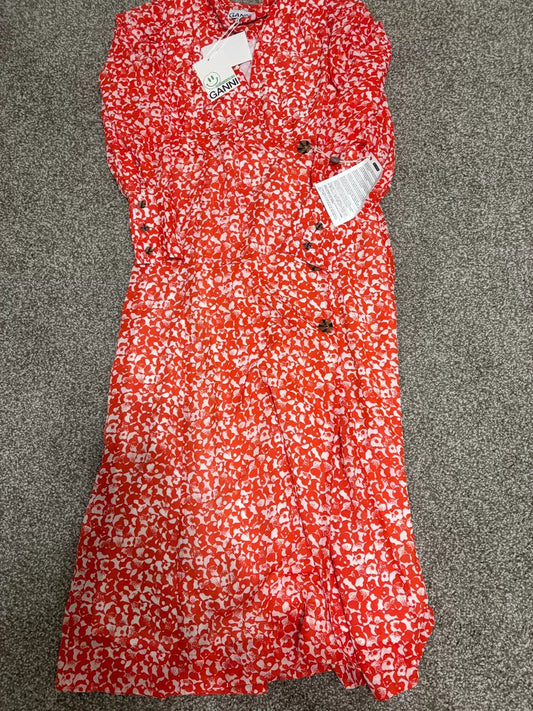 GANNI Printed Crepe Midi Dress — Orange Floral