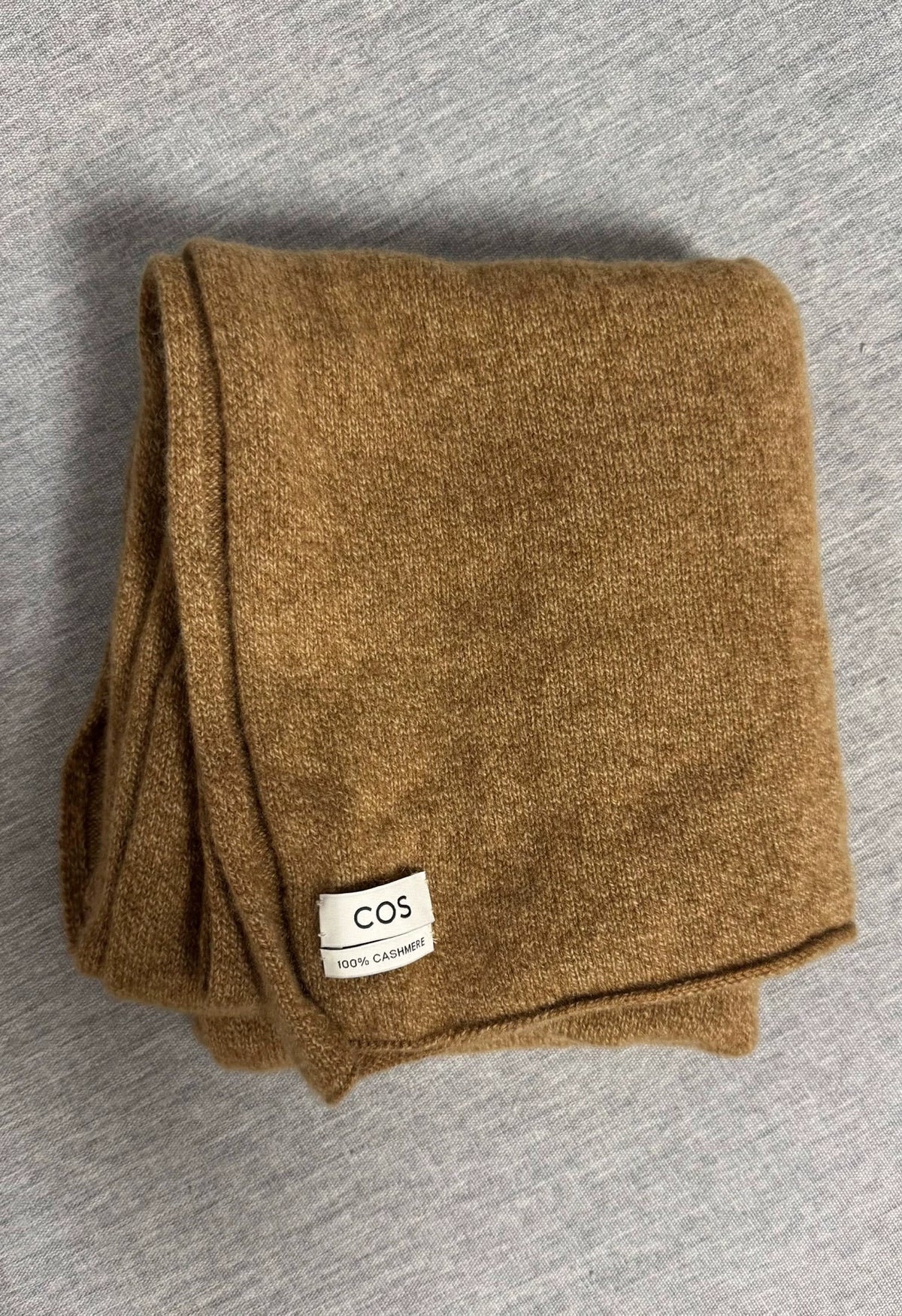 COS camel cashmere scarf, actual item with brand and fabric label
