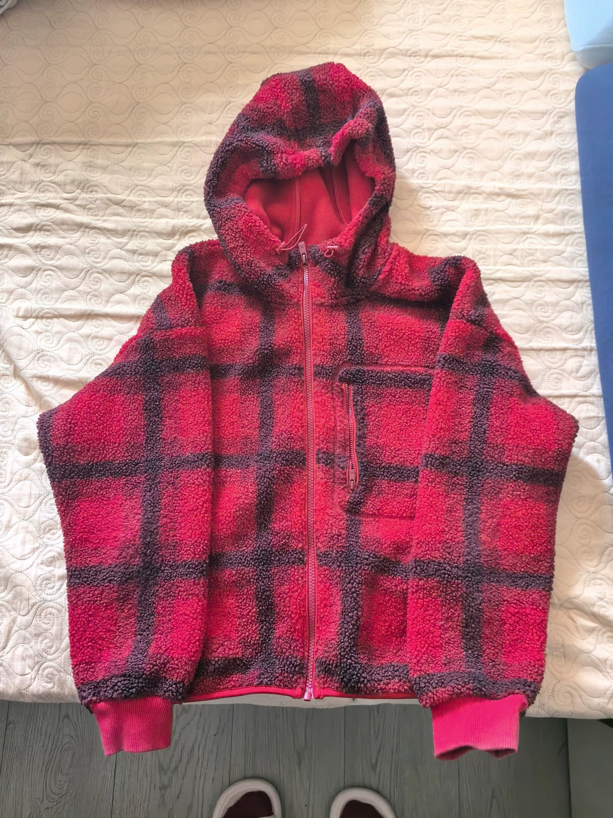 Uniqlo x JW Anderson red and black check hooded fleece jacket