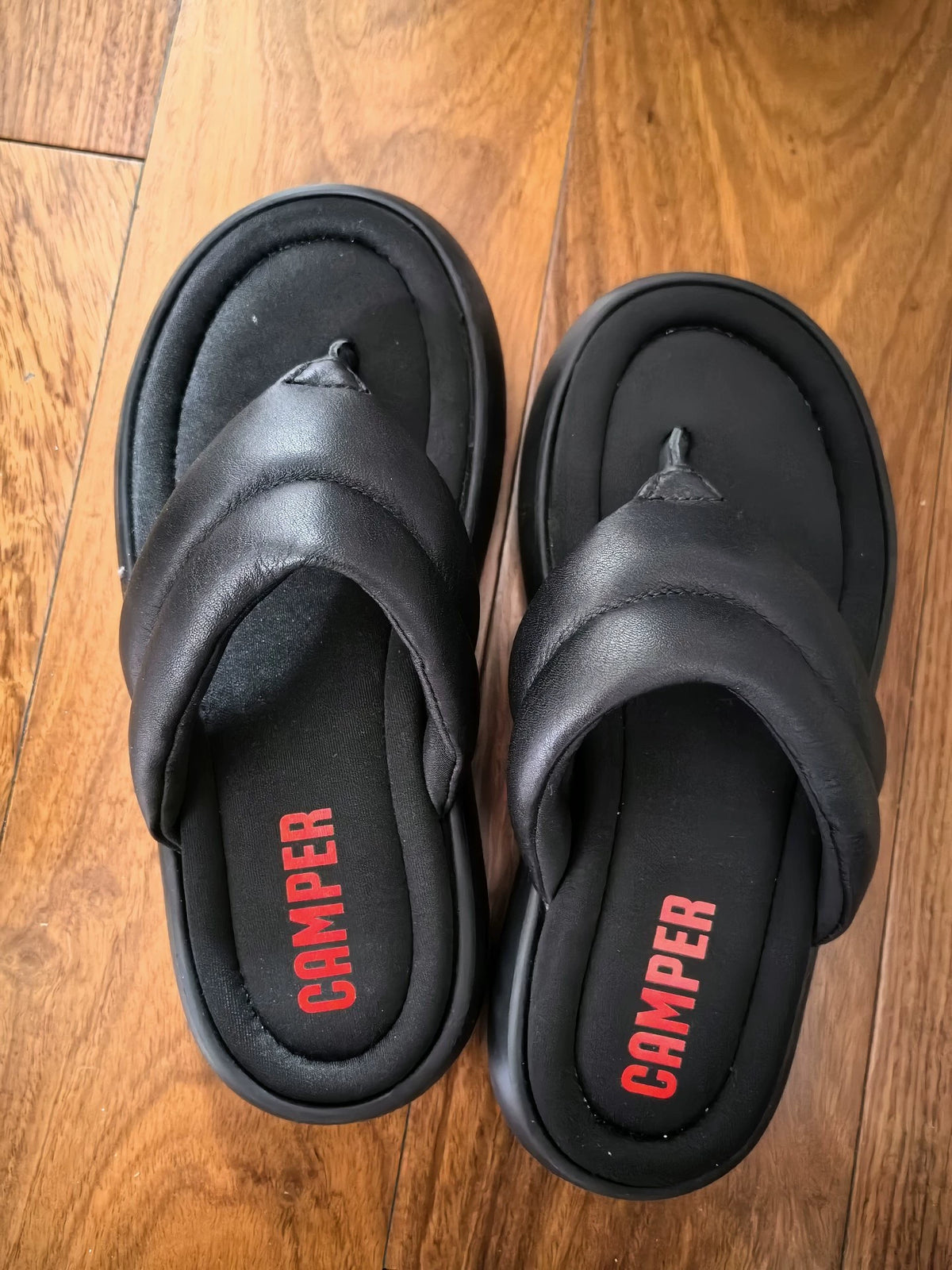Camper black leather toe-post sandals, actual pair