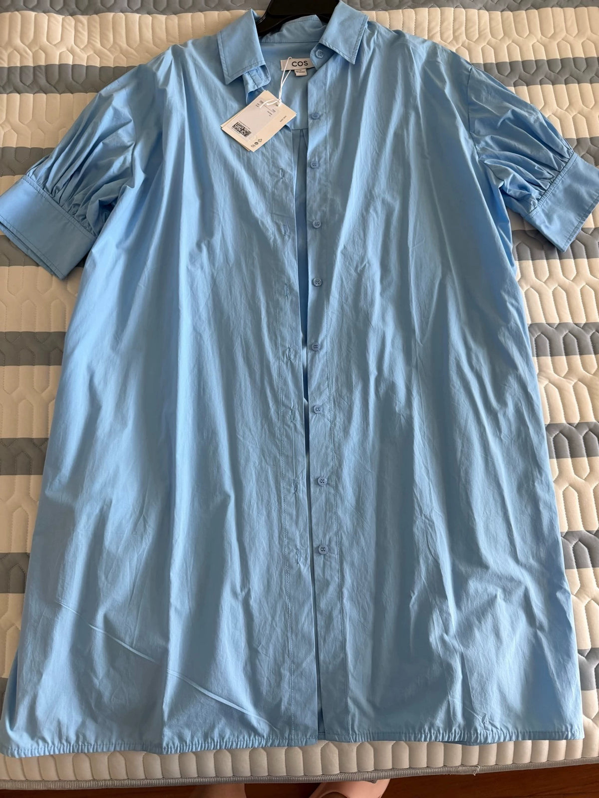 COS blue cotton shirt dress, front view